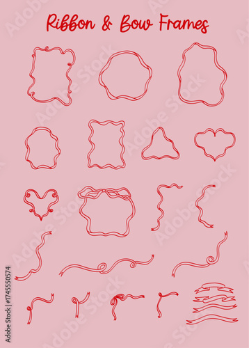 Cute ribbon bow frame element set. Hand-drawn one line art on pink background.