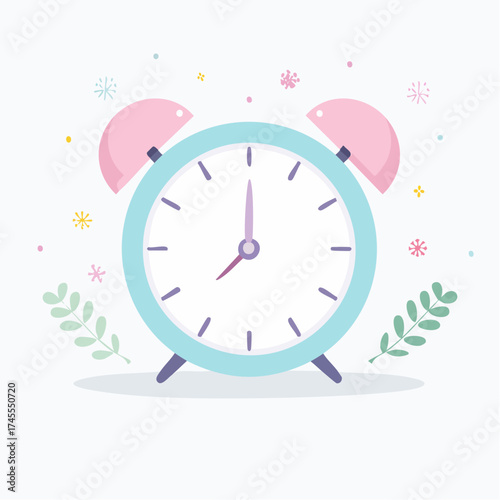 A charming illustration of a light blue alarm clock with pink bells, perfect for waking up.