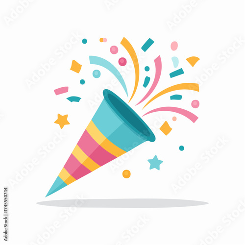 Illustration of a party popper with colorful confetti exploding out of it, celebrating an event.