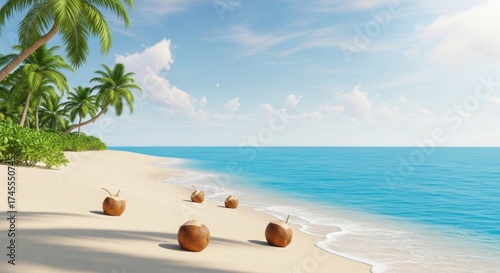 Coconut cocktails on a tropical beach with palm trees and turquoise water