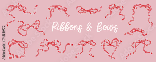 Set of cute ribbon bows. Hand-drawn one line art elements on a pink background.
