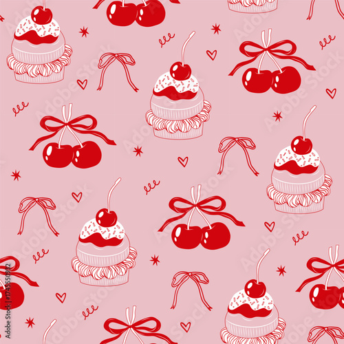 Cute seamless pattern with pastries, cakes, cherries, ribbons, hearts, and confetti. Hand-drawn one line art on pink background.