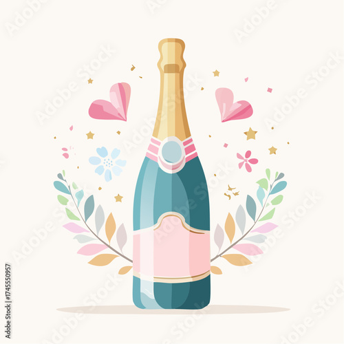 Charming illustration of a festive sparkling wine bottle adorned with a whimsical wreath of hearts, flowers, and foliage, symbolizing joy and celebration for special moments and happy occasions