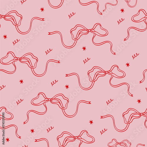Cute seamless pattern with ribbon bows and confetti on a pink background. Hand-drawn one line art illustration.