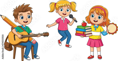 Cartoon illustration of three children performing music and learning, guitar player, singer with microphone, tambourine child holding books, creative education