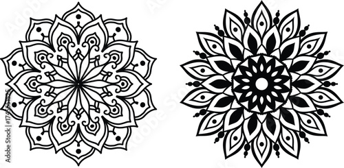 Geometric mandala vector, intricate symmetrical pattern, black line art