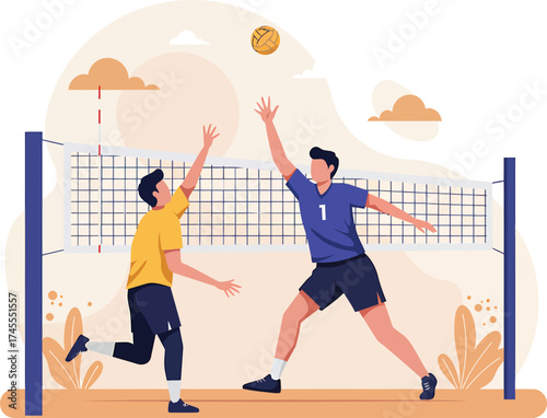 Flat vector illustration of two male athletes engaged in a competitive volleyball match, jumping to spike the ball over the net