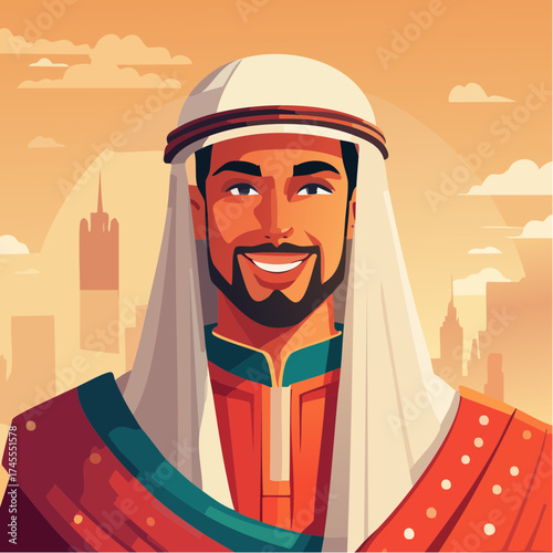 Smiling arab man in traditional clothing with cityscape