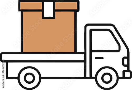 A hand-drawn delivery truck carries a large brown package; symbolizing