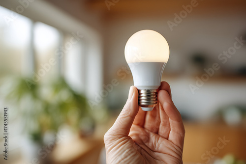 Person holding an energy-efficient LED bulb in a cozy home interior with warm light. Concept of eco energy and sustainability.