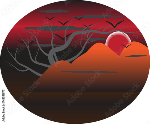 Sunset over Mountains with Silhouetted Trees and Birds