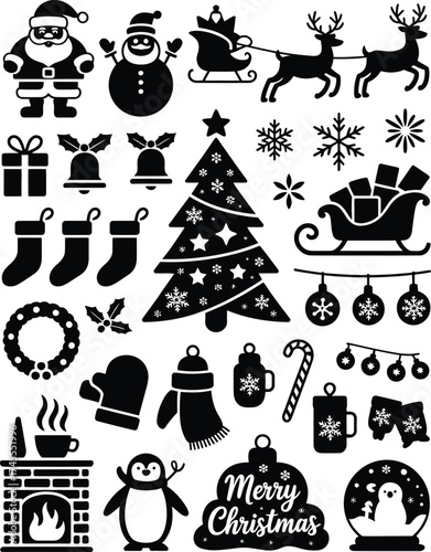 Christmas icons vector silhouette santa claus snowman