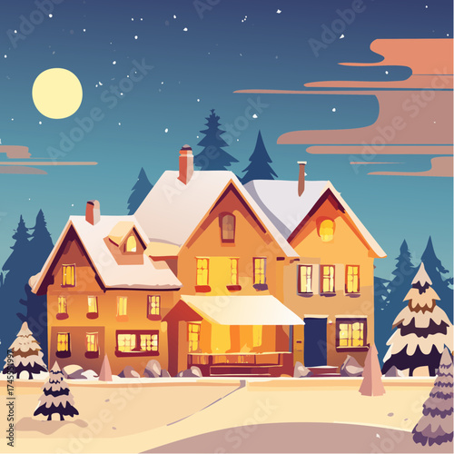 Snowy house in winter landscape with full moon