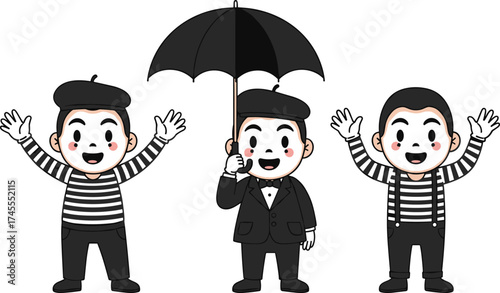 Cartoon mime character trio, expressive performance sketch, theatrical costume variation, smiling pose vector, cultural illustration concept, striped outfit design