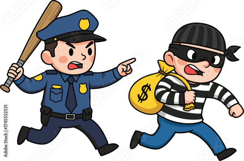 Cartoon police officer chasing thief, expressive crime scene sketch, law enforcement vector, justice pursuit illustration, educational character concept