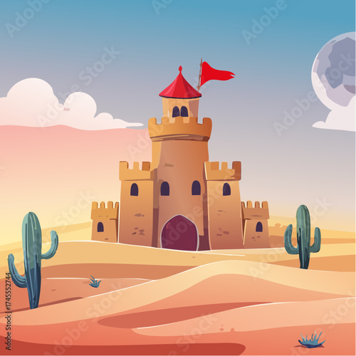 Desert castle with cacti and red flag
