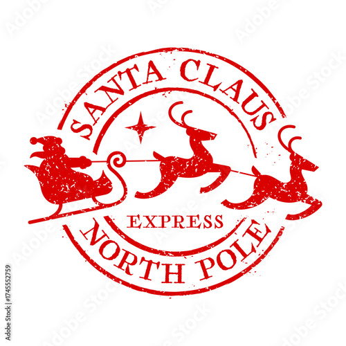 Santa Claus North Pole Grunge Stamp. Full Vector Mail Christmas Design. Holiday Children and Kids Symbol