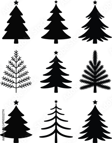 Black pine tree silhouettes with stars christmas tree