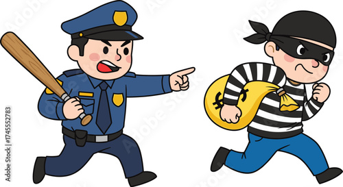 Cartoon police chasing thief, expressive crime pursuit sketch, law enforcement vector, stolen money scene, educational justice illustration concept