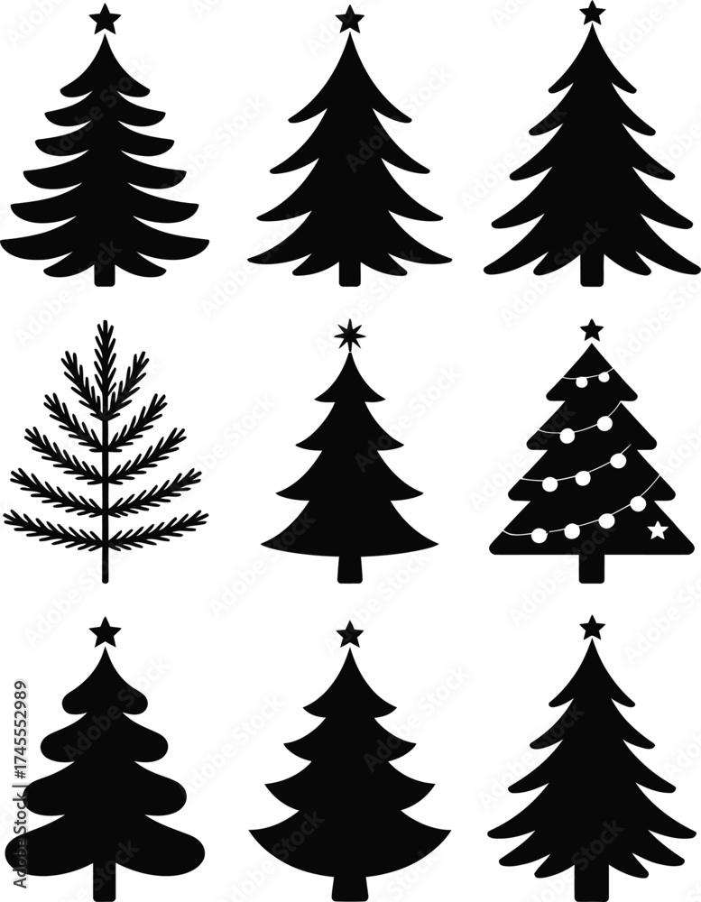 Obraz premium Black Christmas tree silhouettes with stars and lights