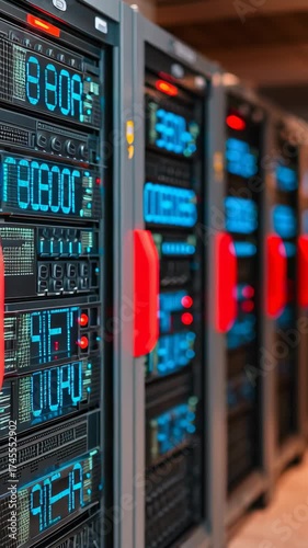A close-up view of server racks with illuminated displays and red handles.