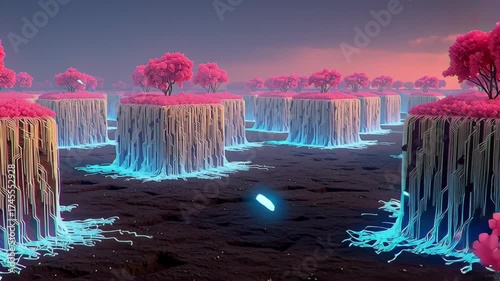 Surreal landscape with glowing roots and vibrant pink trees on floating islands.