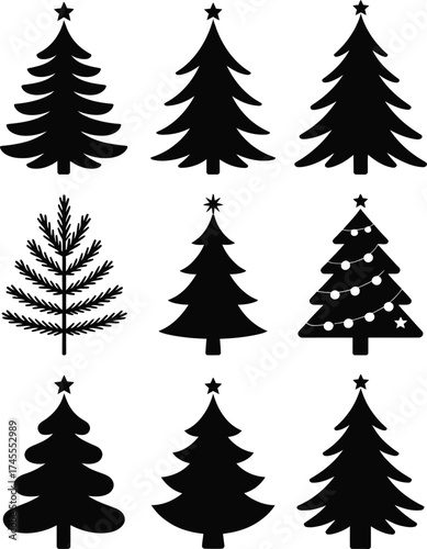 Black Christmas tree silhouettes with stars and lights