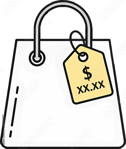 A simple white shopping bag holds a light yellow price tag indicating 