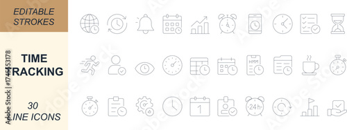 
Minimal line art time tracking icon set with clock, stopwatch, calendar, timer, schedule, deadline and productivity symbols. Editable  for easy customization. Perfect for UI, app, web, business.