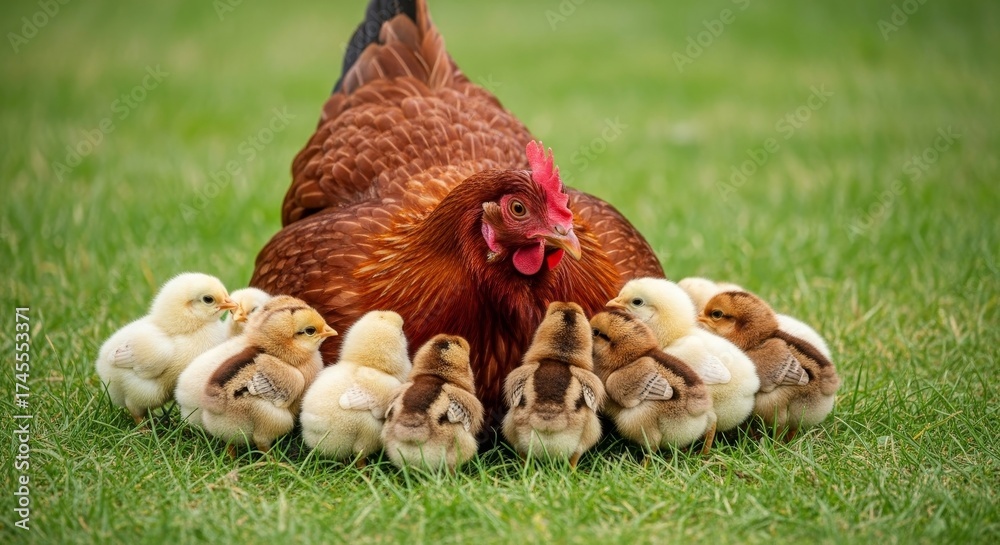 Fototapeta premium Protective Gold Star Hen with Yellow Chicks on Green Grass Outdoor