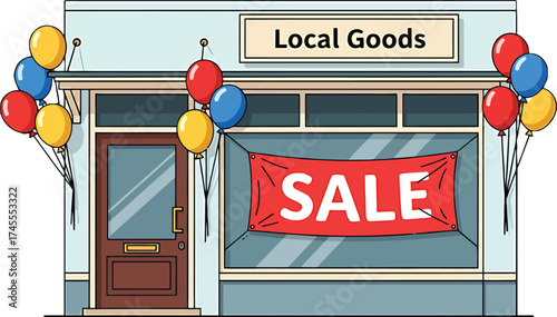 A charming local goods storefront displays a vibrant red sale banner a