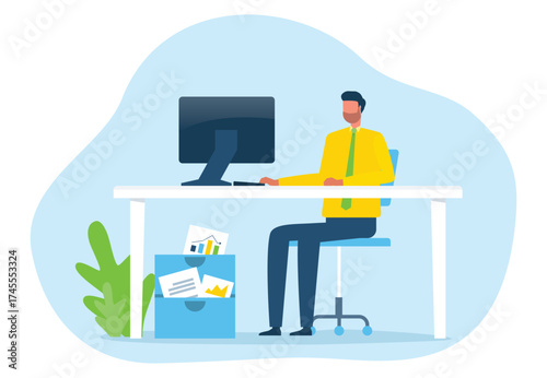 businessman working at the desk with a computer. business smart working online connect anywhere concept. 
