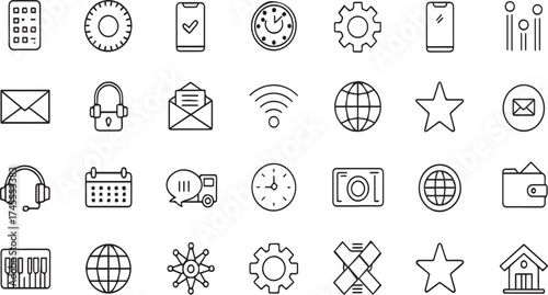 Set of universal line icons for business and social media applications