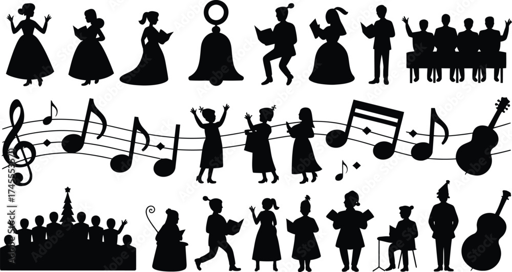Obraz premium Choir singing and musical notes vector bell