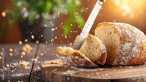 Freshly baked sourdough bread being sliced, revealing its airy texture and crusty exterior, ideal for showcasing the art of bread-making and the joy of home cooking.