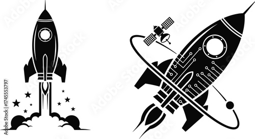 Rocket launch vector illustration, futuristic spaceship design with satellite orbit, innovation, technology, space exploration, startup success, and digital progress