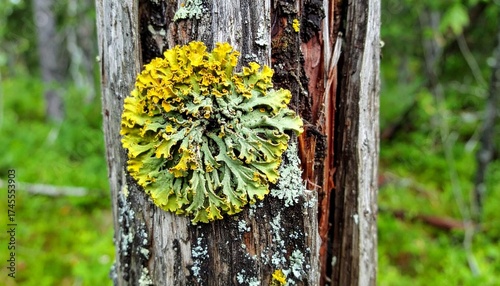 Foliose lichen with leaf-like lobes on weathered bark of standing dead tree in summer forest