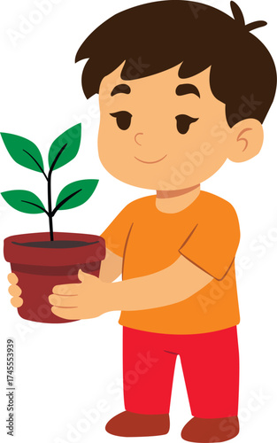 Flat vector illustration of a smiling boy holding a small plant in a pot, symbolizing ecology and care for nature.