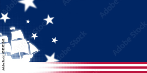 columbus day, glowing ship and star with a halftone style shading flag. copy space.