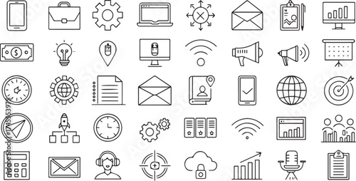 Black and white vector illustration of business and office related icons