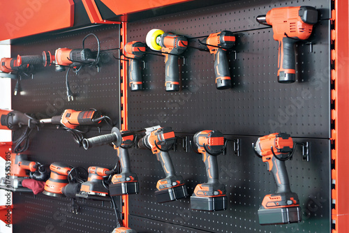 Hand tool: screwdriver, drill, angle grinder on stand shop