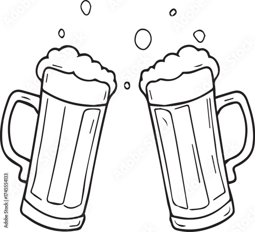 Two frothy beer mugs clinking in celebration in black and white