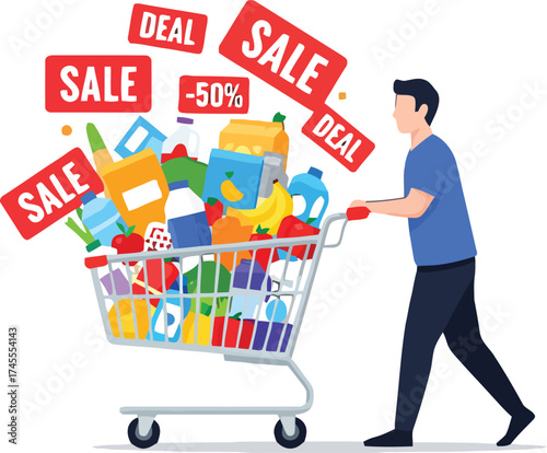 Man pushing a full grocery cart surrounded by vibrant sale and discoun