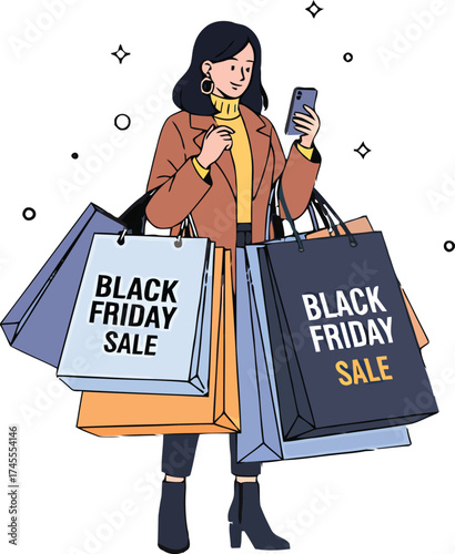 A stylish woman joyfully engages in Black Friday shopping; checking he