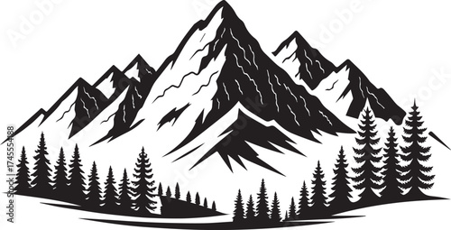Majestic Mountain Range with Pine Trees Vector Illustration Landscape