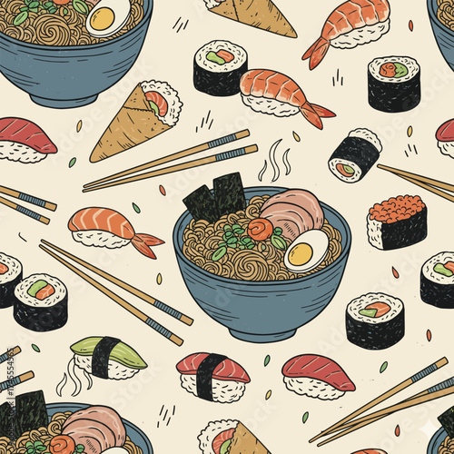Delicious Japanese Ramen and Sushi Delicacies Seamless Pattern.