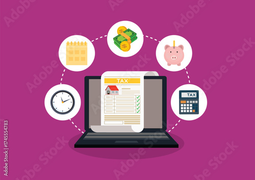 Concept tax payment. Data analysis, paperwork, financial research report and calculation of tax return. Payment of debt