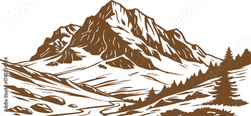 Majestic mountain range graphic illustration in brown and white color