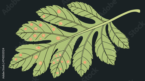 Leaf affected by fungal infection isolated on a dark greenery background.  Signs of plant blight and powdery mildew visible on the surface.