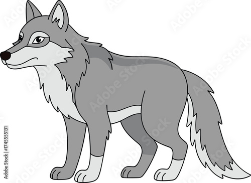 Cartoon wolf standing pose, expressive gray animal sketch, bushy tail vector, wildlife character illustration, educational nature concept